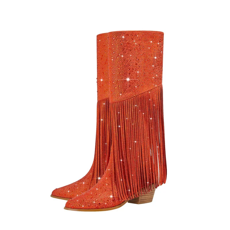 

Bling Boots Fringe Designer Botas Solid Chunky Heels Pointed Toe Knee Zapatos Mujer Runway Shoes Novelty Orange Blue Pink Luxury