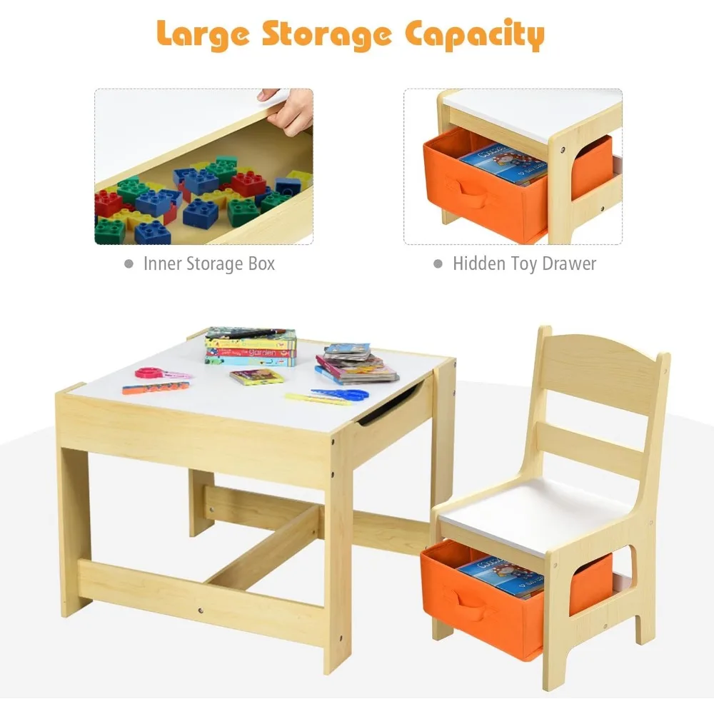 Kids Table and Chair Set, 3 in 1 Wooden Activity Table with Storage Drawer, Detachable Tabletop