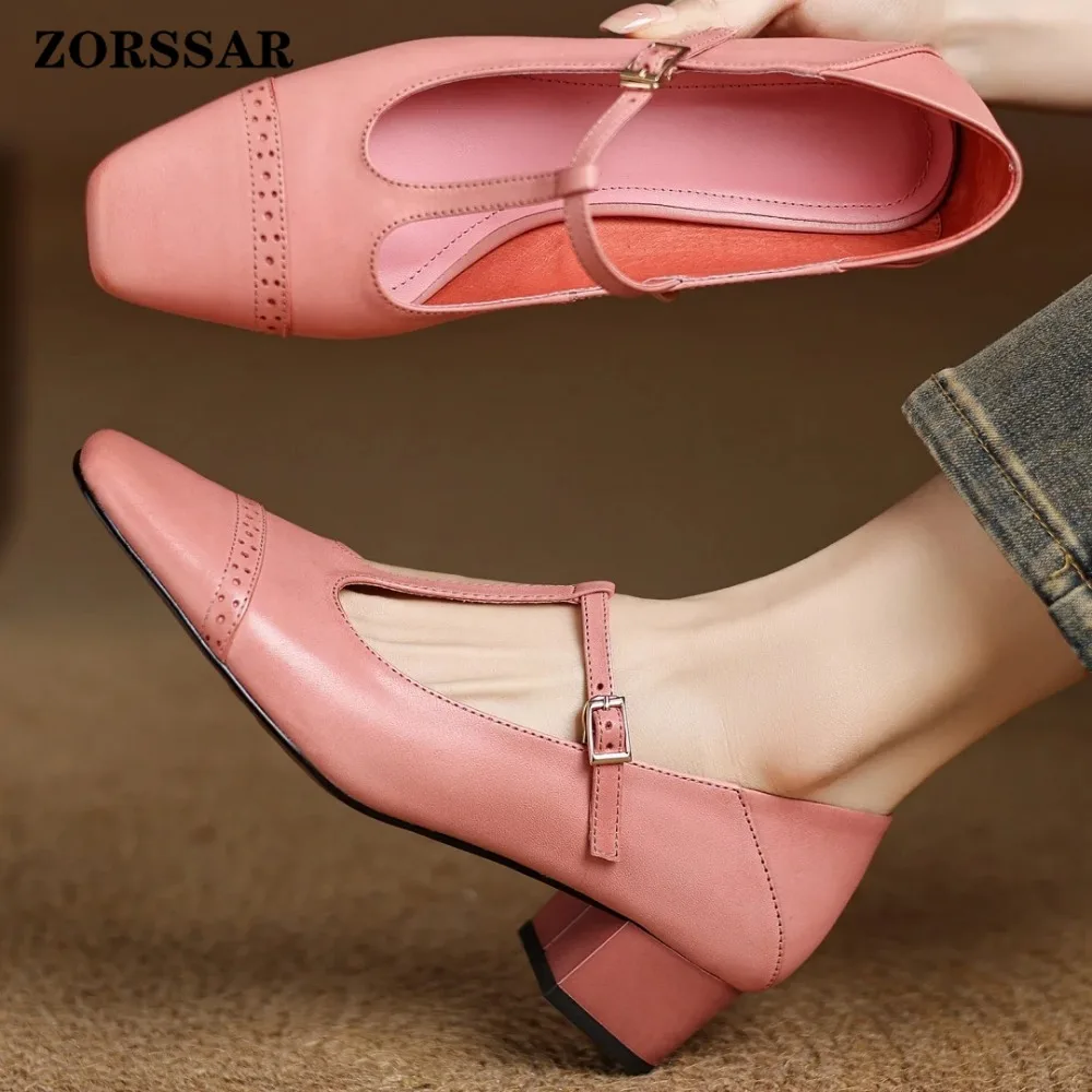 Plus Size 34-41 Women's Cow Leather Carving British Style T-strap Slip-on Pumps 4cm Thick Med Heel Elegant Ladies Dress Shoes view 2