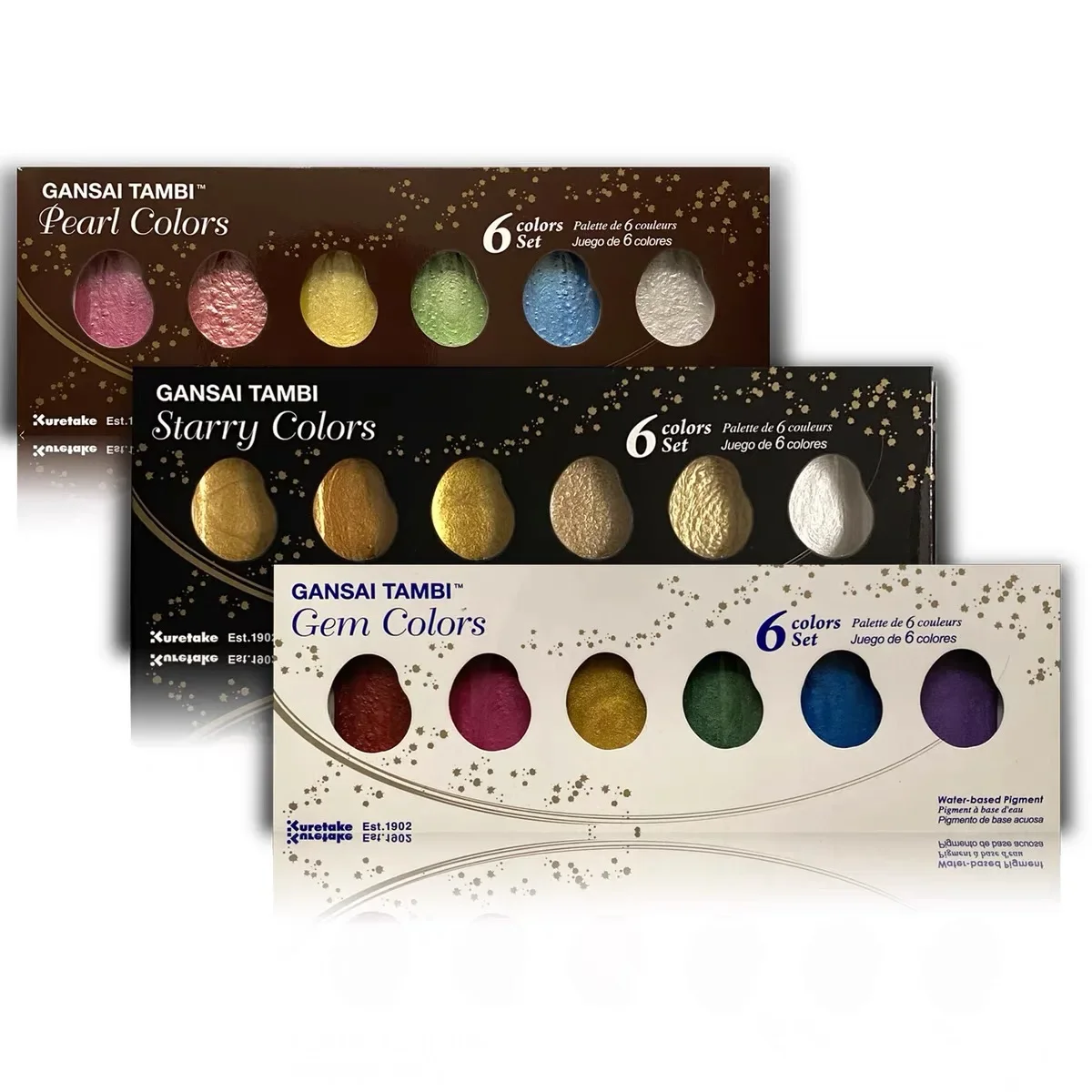 Набор акварельных красок Kuretake Gansai Tambi, набор драгоценных камней/звезды/жемчуга, 6 цветов
