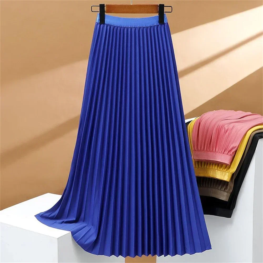 2024 Women Spring Summer New Korean Elastic High Waist Casual Long Midi Skirts Ladies Elegant White Pleated Skirt A-line Skirts