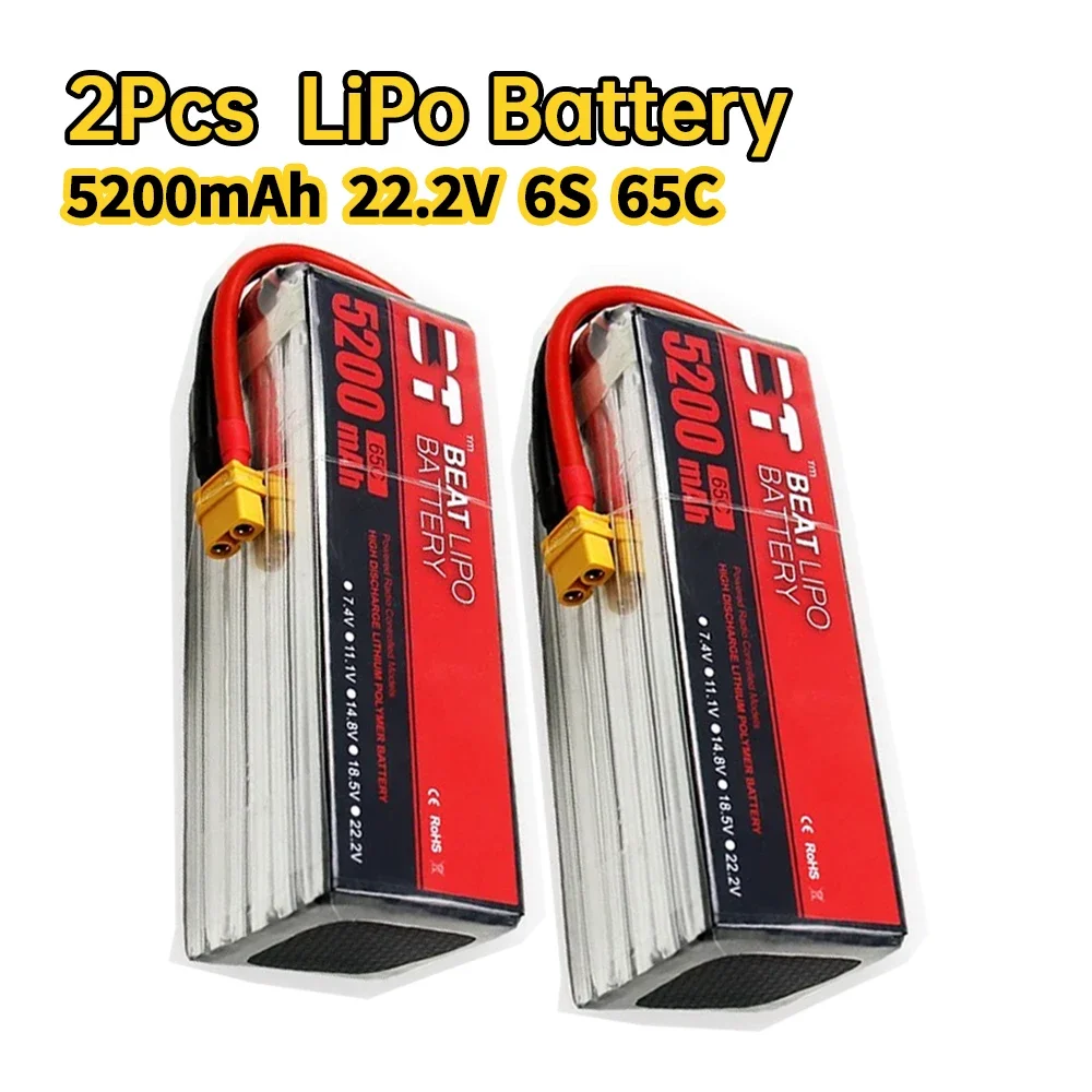 2Pcs Lipo 6S 5200mAh Battery 22.2V 65C T/XT60 for RC Quadcopter UAV Helicopter FPV Racing Drone Spare Parts Rechargeable Battery