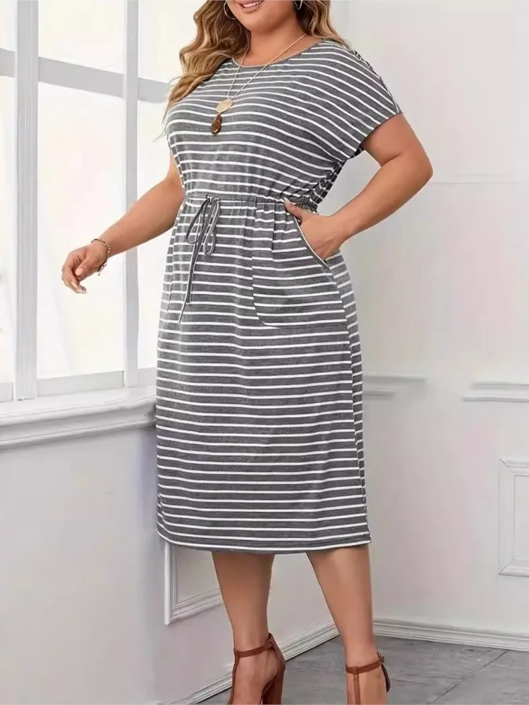 Plus Size Summer Striped Print Midi Dress Women Short Sleeve Casual Fashion Ladies Dresses Loose Pleated Ruffle Woman Dress