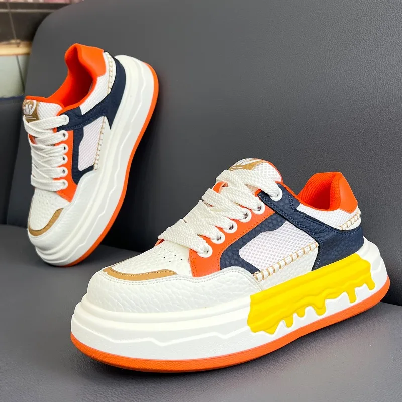 2026 Men Color Block Skate Sneakers Lace Up Thick Sole Breathable Wear-resistant Running Shoes Fashion Men's Casual Sports Shoes