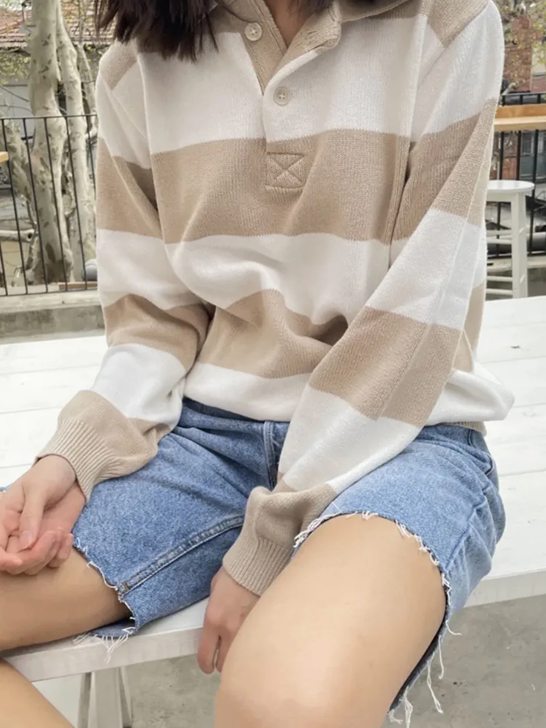 Stripes Knitted Sweater Woman Autumn Turn Down Collar Buttons Long Sleeve Pullover Female Sweet Preppy Style Cotton Sweaters Top