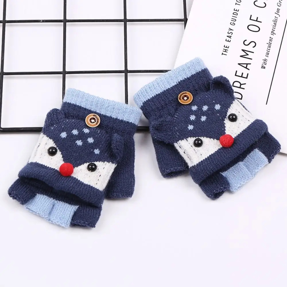 3-6 Years Thicken Kids Knitted Gloves Flip-Open Warm Winter Warm Mittens Cartoon Plus Velvet Fingerless Gloves for Baby Kids