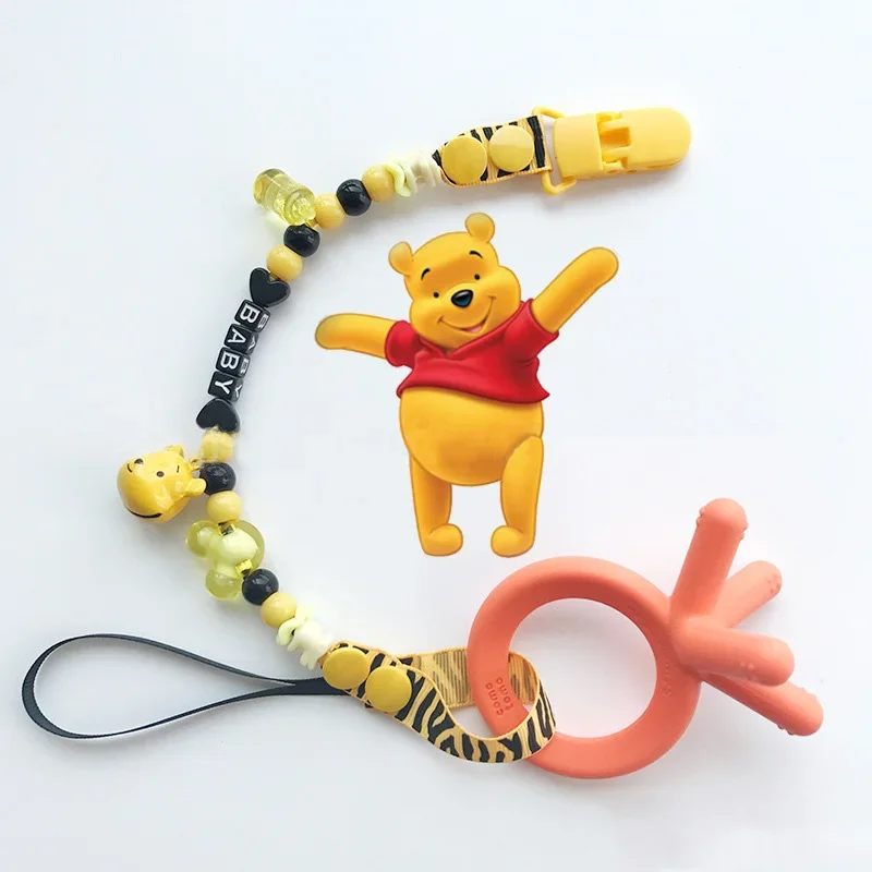 Disney Pooh Bear Small Bell Pacifier Clip Kawaii Figure Yellow Baby Teether Chain Silicone Anti-drop Anti-lost Holder Molar Toy