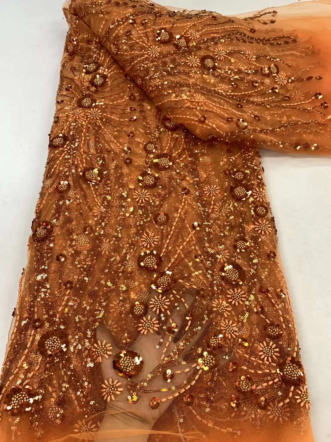 Luxo frisado tecido de renda de tule nigeriano artesanal lantejoulas pesadas, tecido de renda do noivo para vestidos de casamento nupciais, ZX, africano, 2022