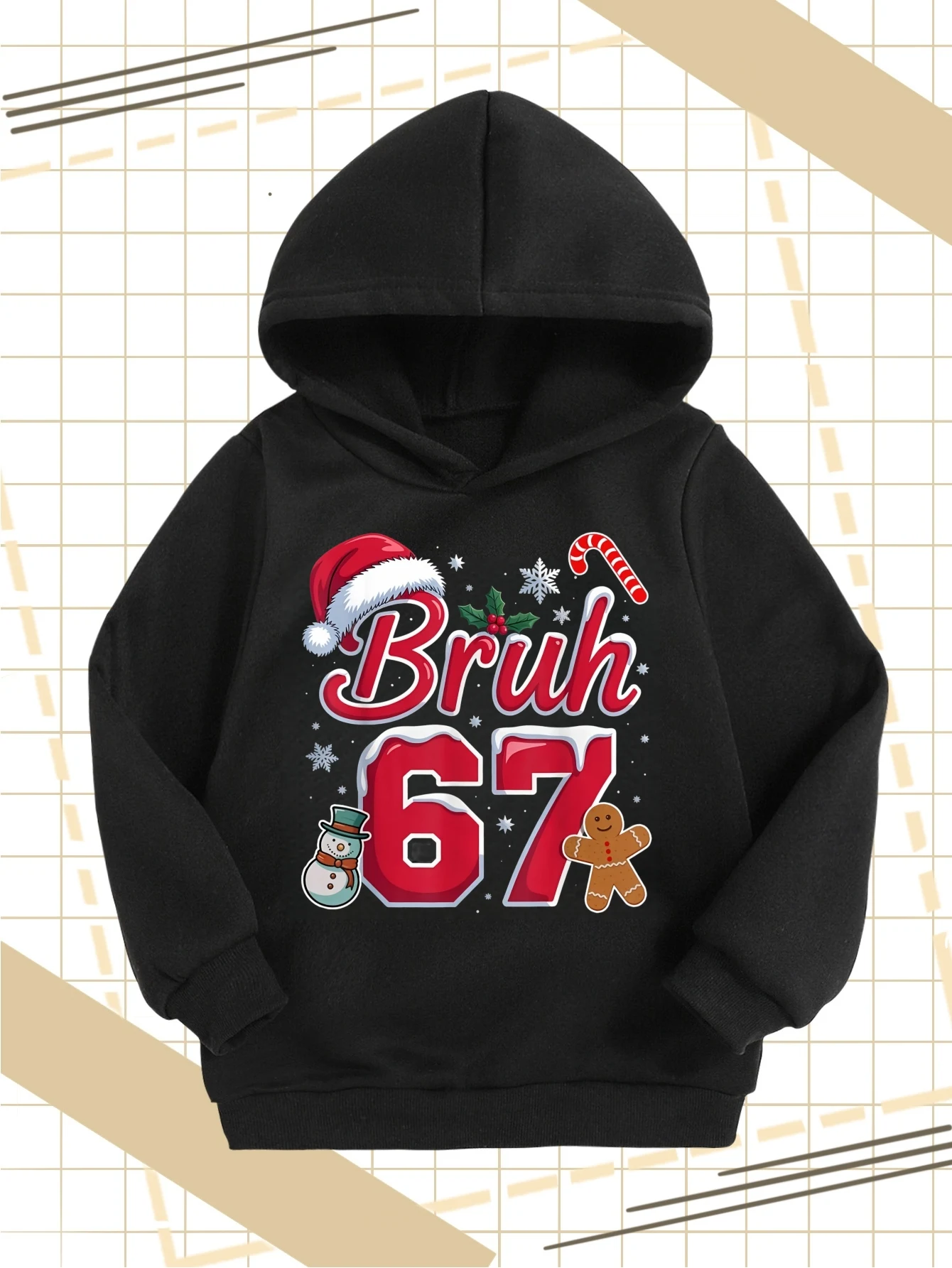 سترة بغطاء للرأس برسومات عيد الميلاد المضحكة من Bruh 67 Six Seven، تصميم فكاهي 67 رقميًا، مع شارات خبز الزنجبيل وندفة الثلج