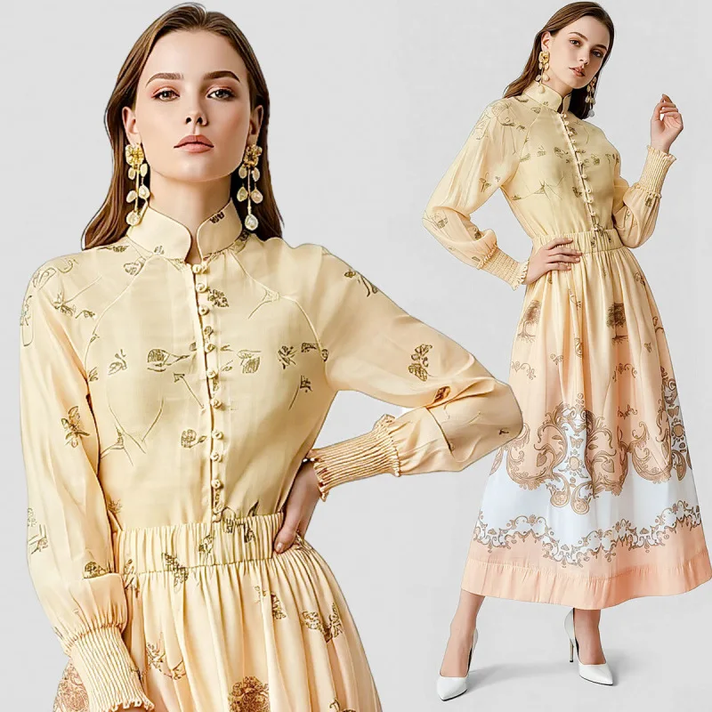 

High Waist Pearl Button Map Print Vaion Sle irt Sve Elastic Hemline A-Line Skirt Women's Faion Spring Summer Dr