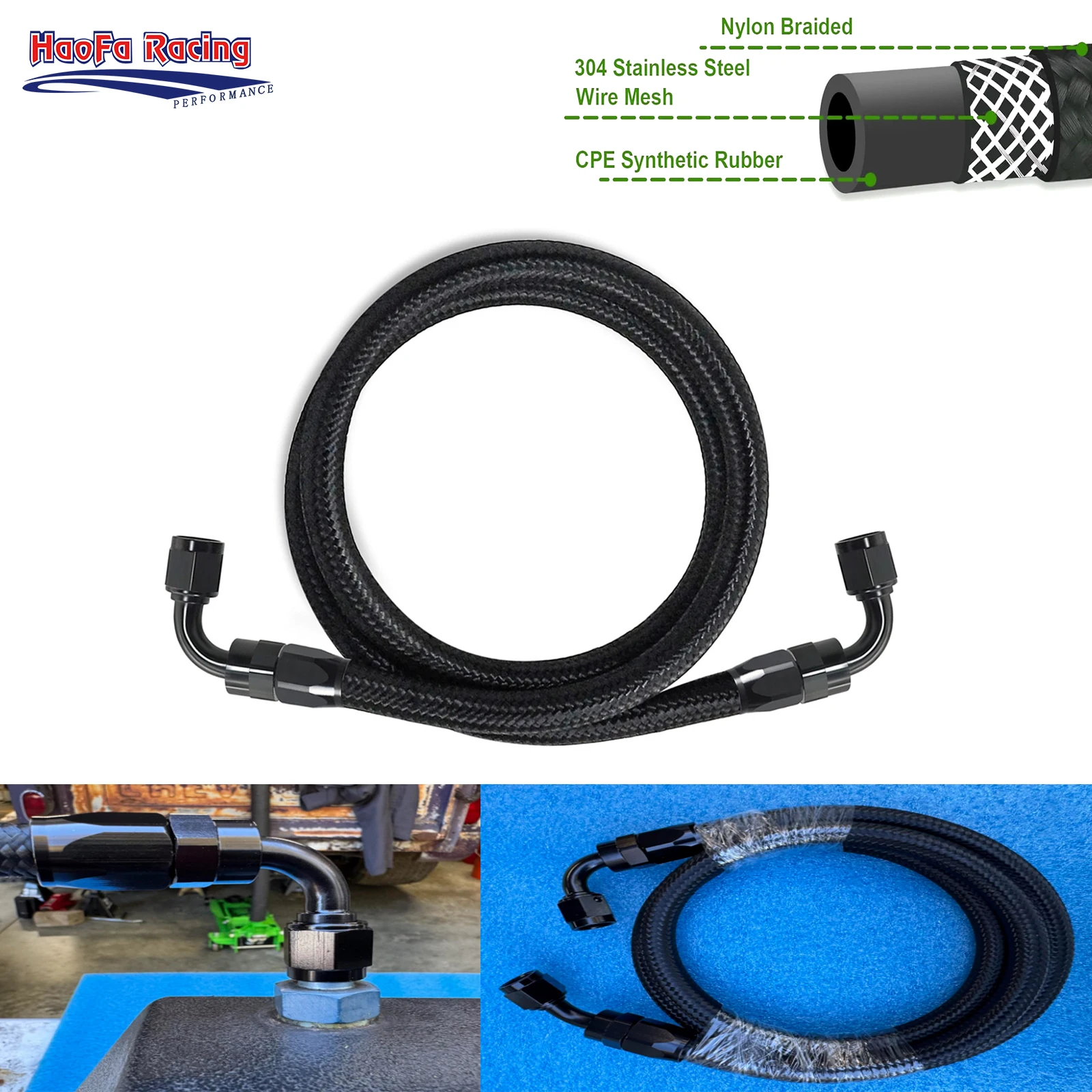 

90°-90degree Universal AN4 Oil Fuel Hose Kit Nylon Braided Rubber Fuel Pipe Cooling Hose with Two Fitting Hose End 4an Black