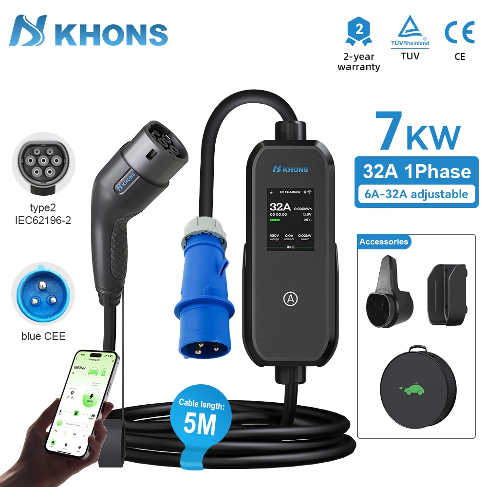 Khons 7kW Type2 EV Charger 32A Portable EVSE Wallbox EV Charging Station with APP Control 5m Cable for Electric Vehicle Car