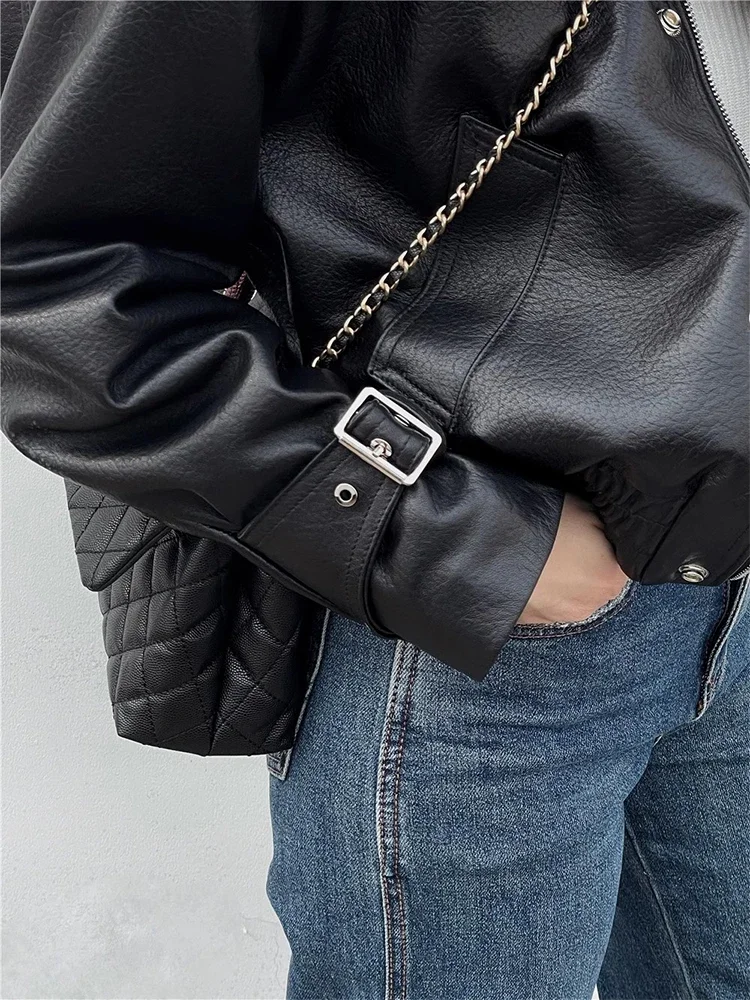 Black Short Genuine Leather Motorcycle Jackets for Women Spring Autumn 2026 New High-end Simple Soft Bubble Real Sheepskin Coat view 6