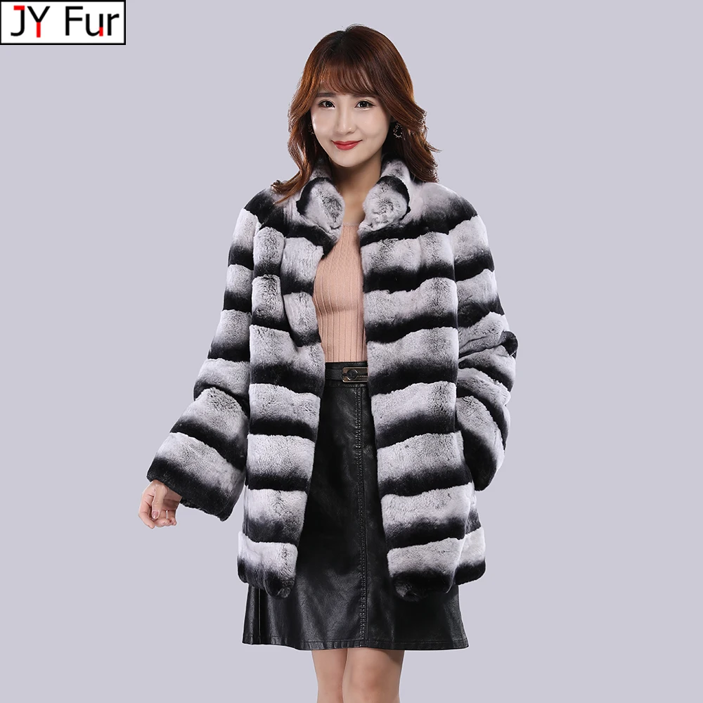 

New Winter Rex Rabbit Fur Coat Standing Collar Soft Warm Natural Rex Long Jacket Women's Coat Full Fur Thick Luxury Plus Size