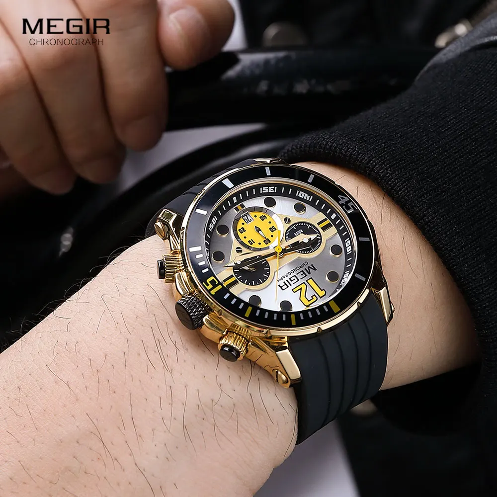 MEGIR Chronograph Watches for Men Fashion Military Sport Silicone Strap Wristwatch with Auto Date Waterproof Quartz Watch часы