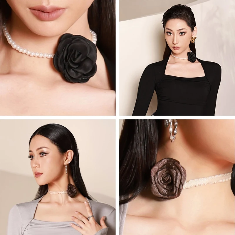 

Women Latin Dance Accessories Pearl Lace Flower Necklet Rose Necklace Rumba Cha Cha Dancing Ornament Performance Wear BL14120