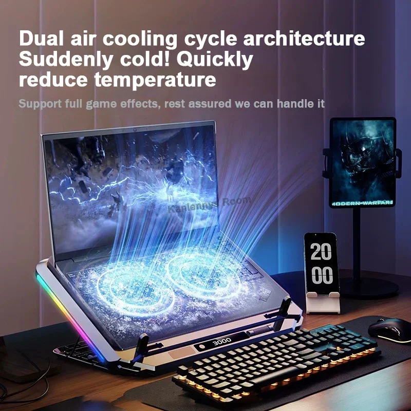 D17 Gaming Laptop Cooling pad for 15-21'' Notebook Cooler Stand w/ RGB Light 2 Fans 5 Angle Adjustable LED Screen Laptop Bracket