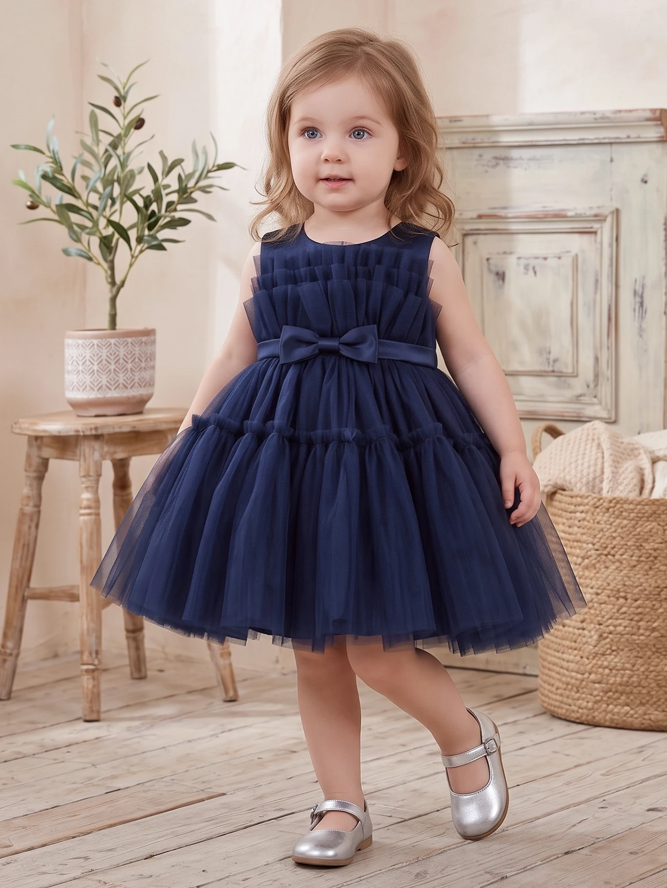 Baby Girls Navy Blue Layered Tulle Party Dress With Waist Bow Sleeveless Princess Gown For Birthday Wedding Gift Ceremony Outfit