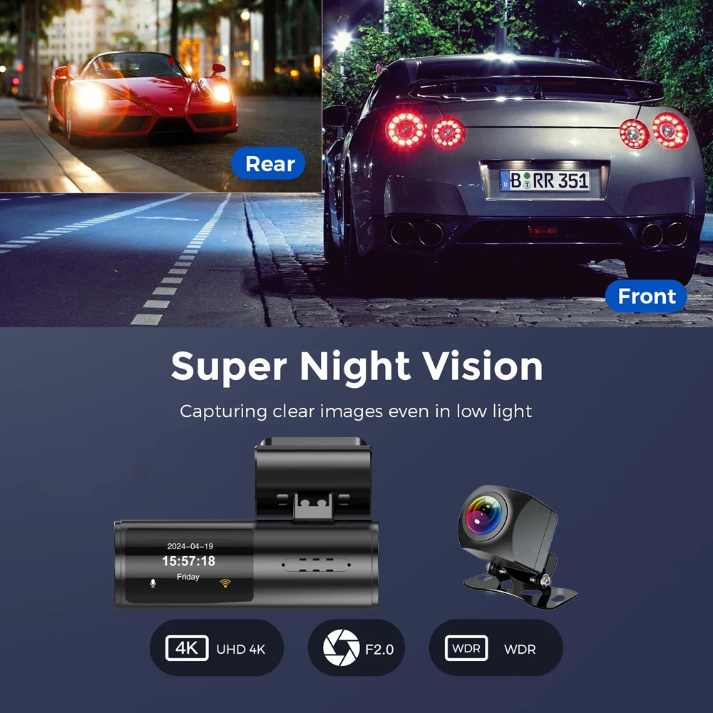 울트라 HD 4K 대시 캠, 전면 및 후면 듀얼 렌즈, 와이파이 자동차 DVR 비디오 녹음기, GPS IR 야간 투시경, 24 시간 주차 모니터 캠코더