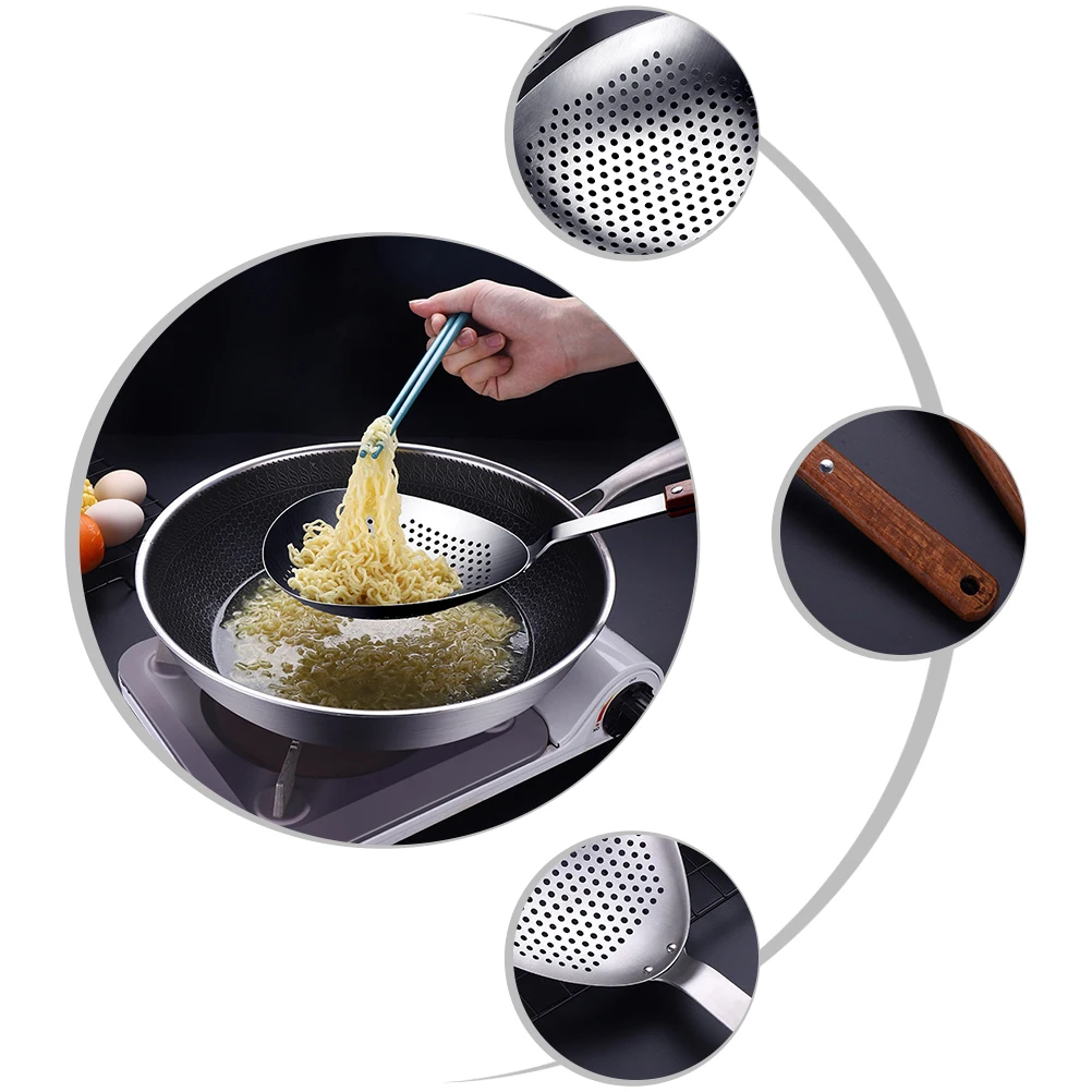 

Stainless Steel Filter Spoon Wooden Handle Multi-Functional Frying Slotted Spoon Hot Pot Skimmer Noodles Colander Kitchen