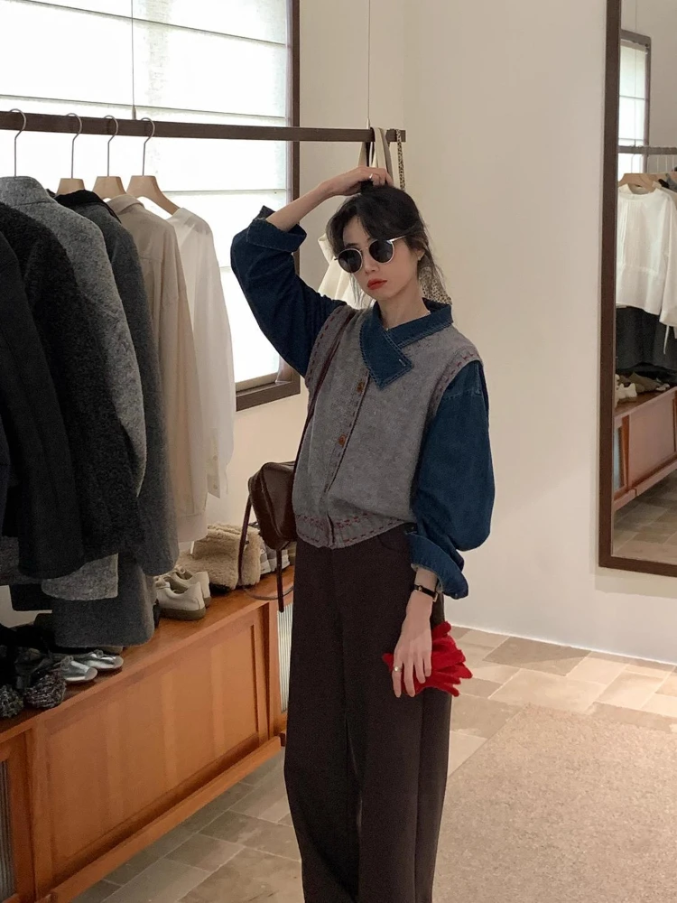 Vintage strukturalna koszula dżinsowa na ramię damska kamizelka z dzianiny Retro butikowa bluzka minimalistyczna odzież codzienna