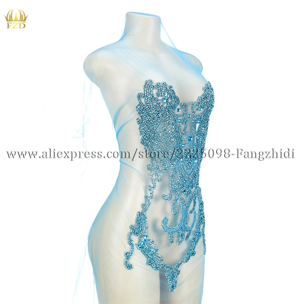 FZD 1 Pcs Cyan Rhinestone Bodice Applique Crystal Applique Crystal Bodice Applique for Wedding Dress Handmade Embroidery Iron On