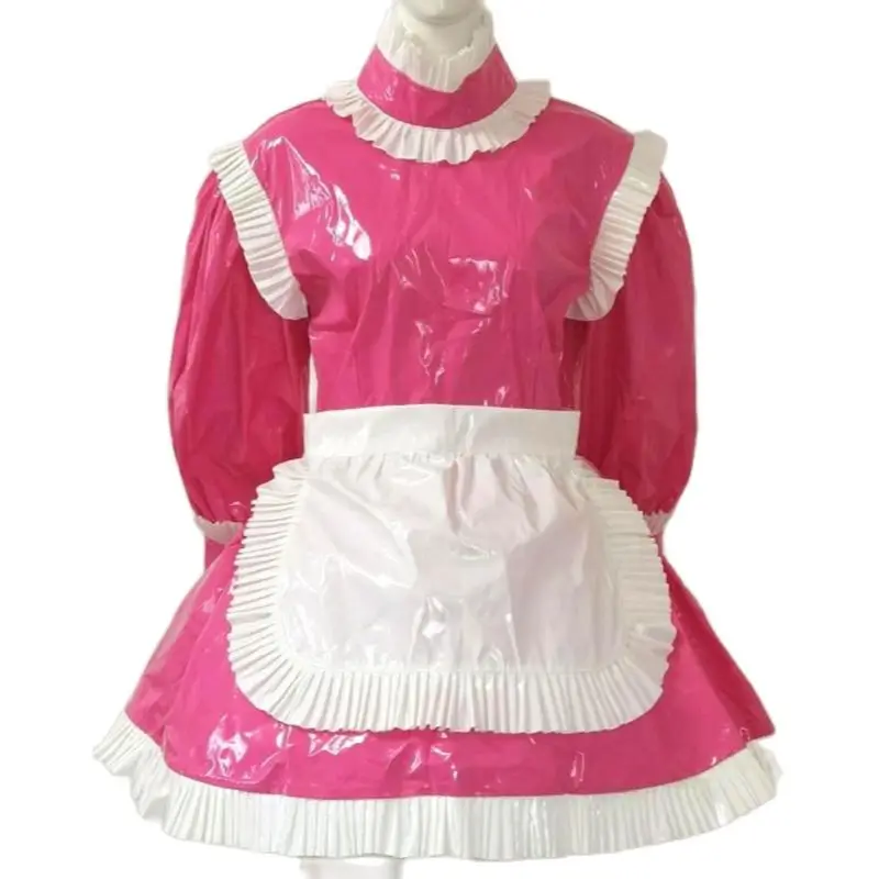 Multi Color Adult Giant Baby Sexy Girl Rose Red Thin Long Sleeved PVC Dress White Apron Sissy Japanese Maid Gothic Lockable