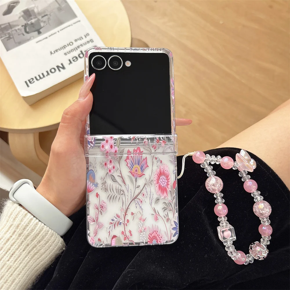 Delicate Pink Vintage Flower Printed Phone Case for Samsung Galaxy Z Flip 7-3 Butterfly Crystal Bead Strap Protective Cover