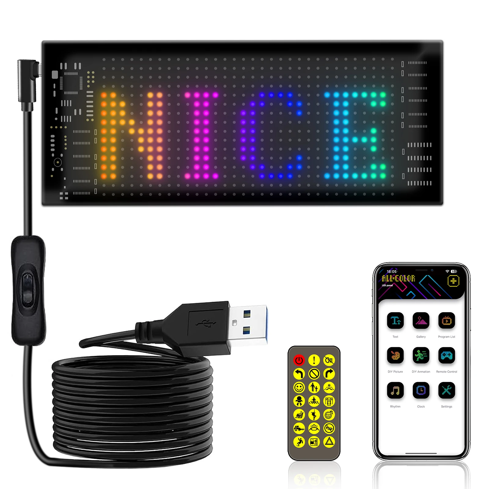 16x32 Car LED Matrix Pixel Panel Logo Lighting Graffiti Scrolling Text Board Windshield Advertising Screen Bluetooth APP Control