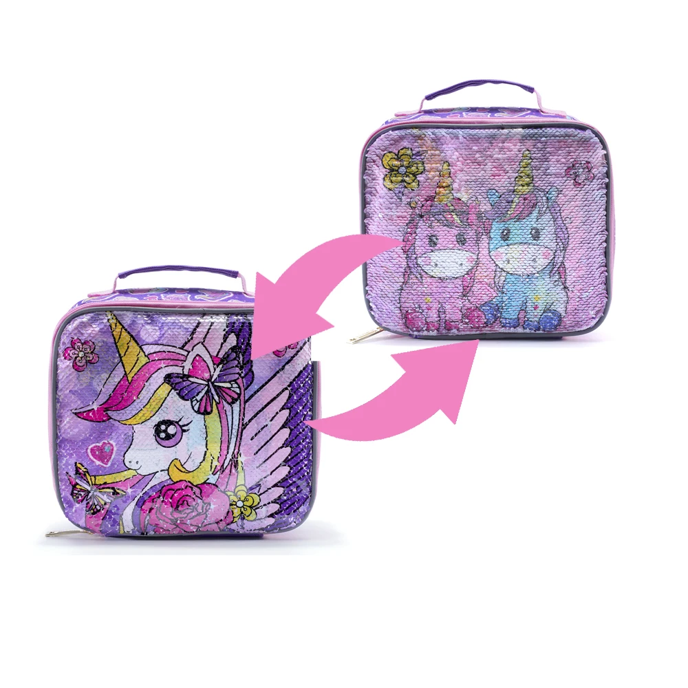 BLING BABIES Children\'s tote, lunch bag, double sided unicorn sequin design, pink and purple, suitable for carrying food