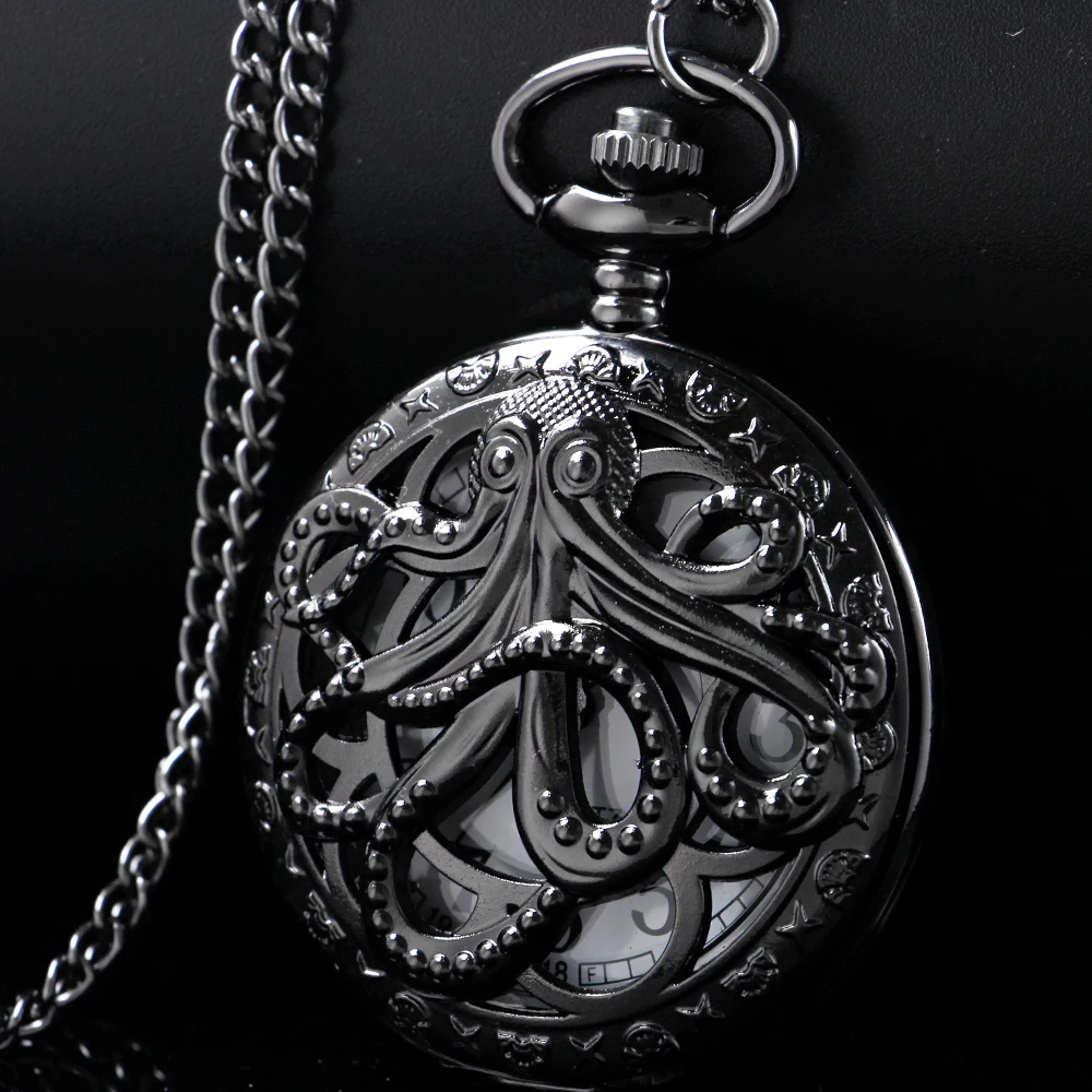 Vintage Dark Monster Octopus Hollow kwarcowy zegarek kieszonkowy Steampunk czarny zegarek na łańcuszku FOB naszyjnik męski prezent dla dzieci