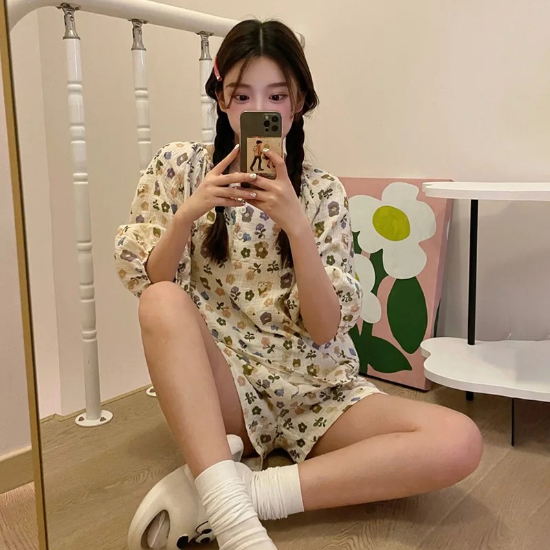 

Soft Bear Floral Flowers Print Sweet Short Sleeve Pajamas Set Women Korean Loose Kawaii Casual Elegant Sleepwear Two Piece Set