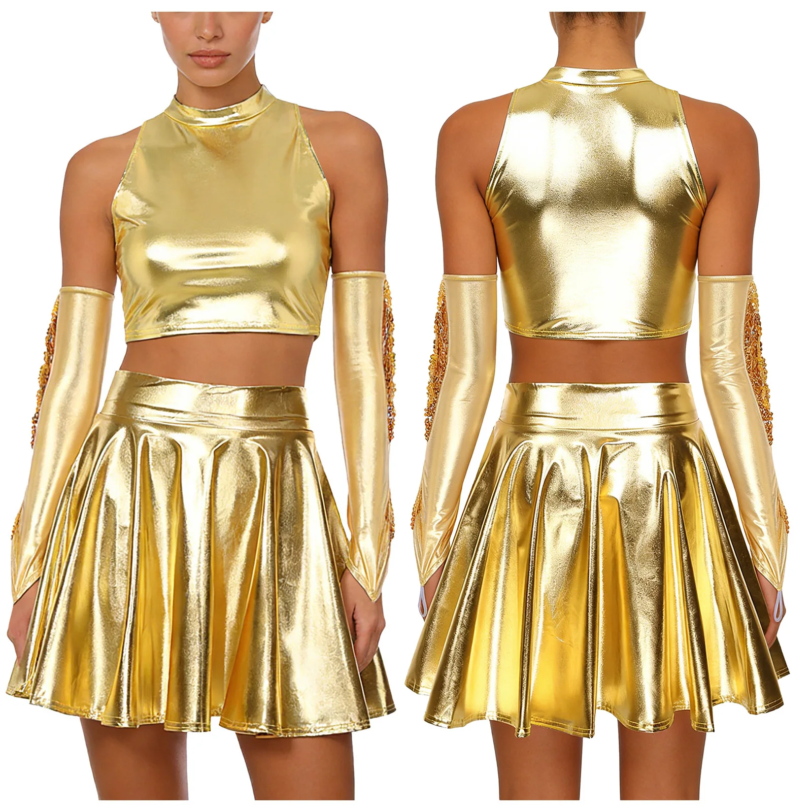 

Women Hip Hop Jazz Dance Performance Outfit Metallic Shiny Crop Vest with Pleated Skirt Sequin Tassel Glove Cheerleading Costume