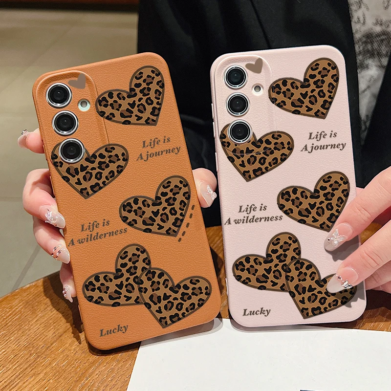Leopardenmuster Herzen Hülle für Samsung Galaxy S25 S24 S21 FE S24 S23 S22 Ultra S22 Plus S25 Edge Leder Textur TPU Handyhülle