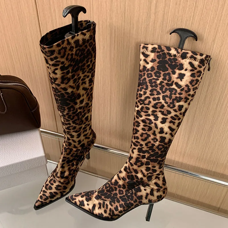 Footwear Fashion Leopard print Women Knee High Stretch Boots Female Designer Shoes Modern Ladies Long Booties Heels Pumps Shoes