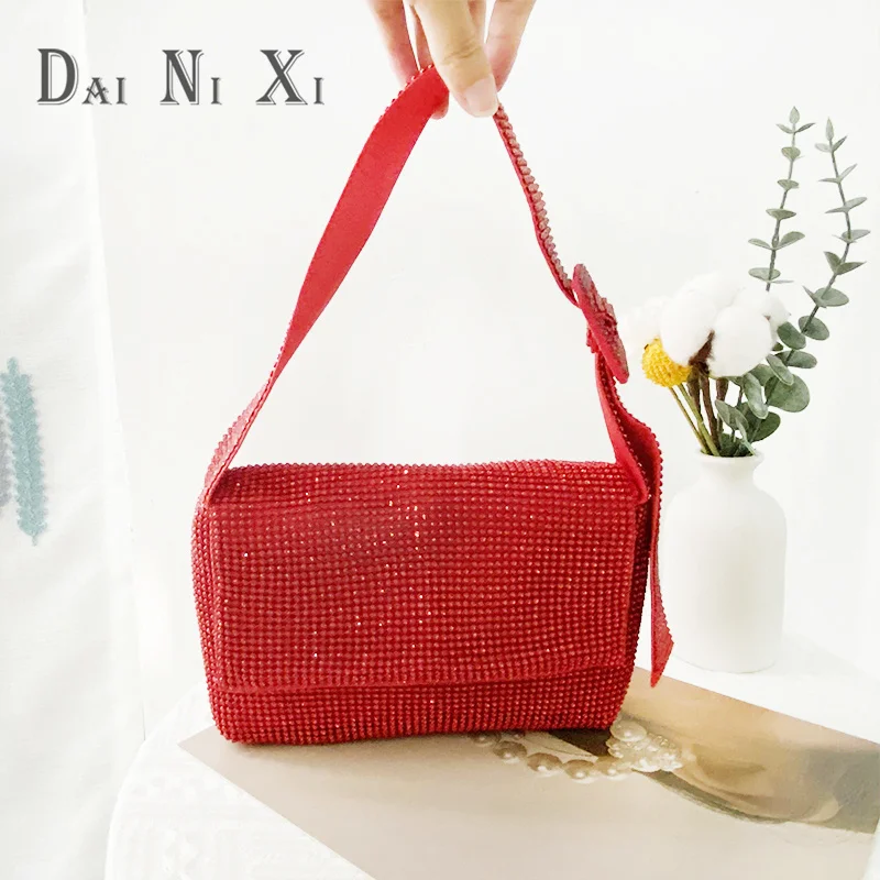 

Dai Ni Xi Woman Rhinestones Tote Handbag Red Evening Clutch Bag Female Crystal Diamonds Dinner Party Purses Luxury