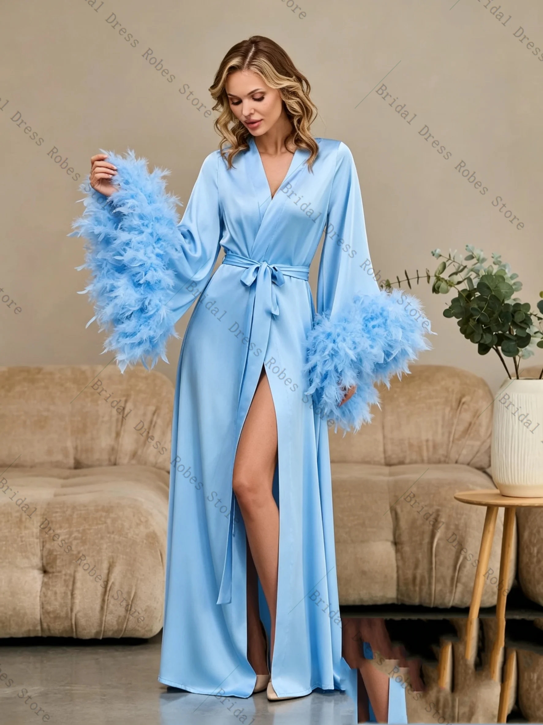 Ostrich Feathers Blue Women Prom Dress For Photoshoot Formal Sexy V Neck Belted Bridal Morning Robe Customized Night Gown