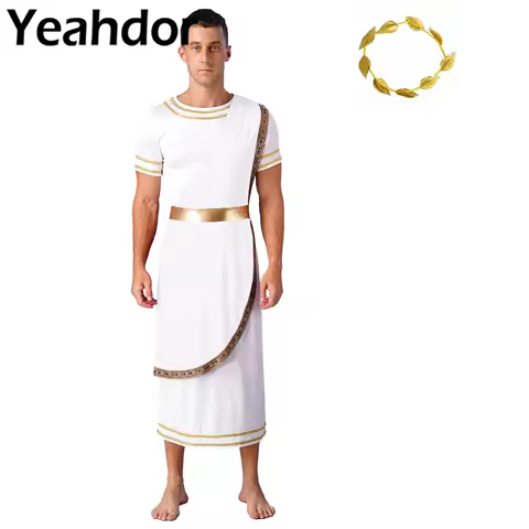 Men's Roman Julius Caesar Cosplay Costume Ancient Greek Retro Gold Decoration Toga Roman Robe with Leaf Crown Carnival Dress Up