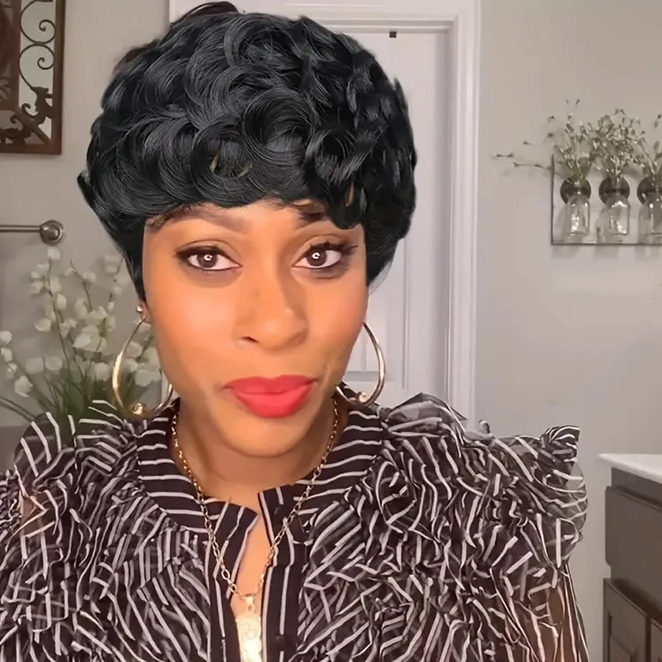 

Easy to Wear 6 Inch 1B Color Pixie Cut Wig Glueless Loose Curly Virgin Peruvian Human Hair with Loose Bangs 180% Density