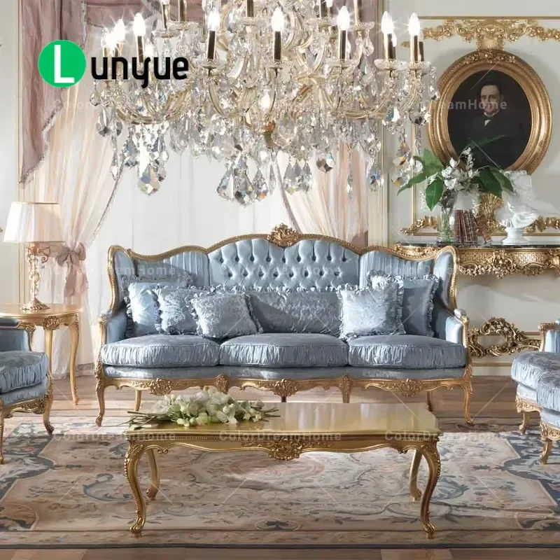Luxury French Living Room Furniture Set Classic Blue Fabric Combination Sofa Solid Wood Frame Elegant Home Decor