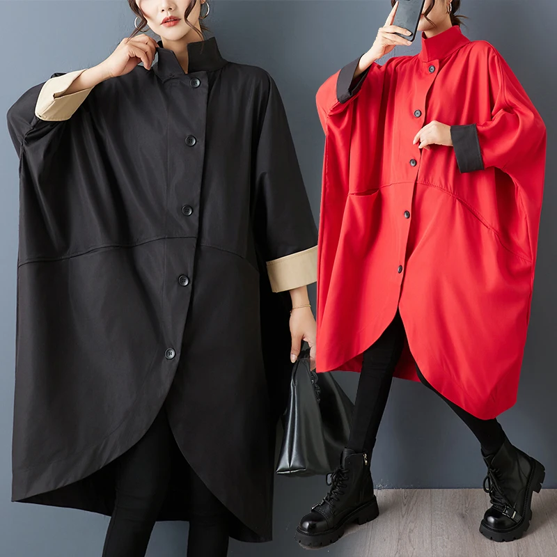 

Casual Oversized Stand Collar Batwing Sve Windbreaker Spring Autumn Faion Irregular Long Outerwear Polyester Fiber