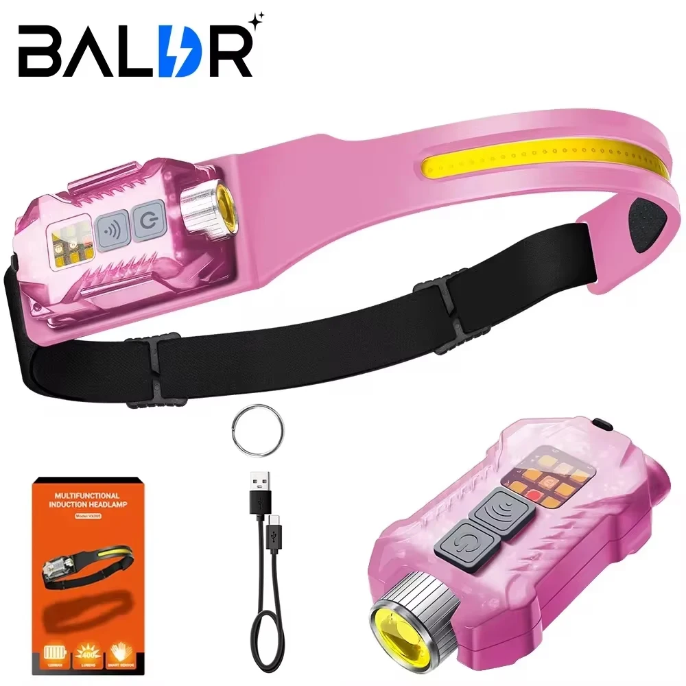 

BALDR XW005 Pink LED Induction Headlamp USB Rechargable Head Flashlight 1200mah Built in Battery COB Work Light Fishing Lantern