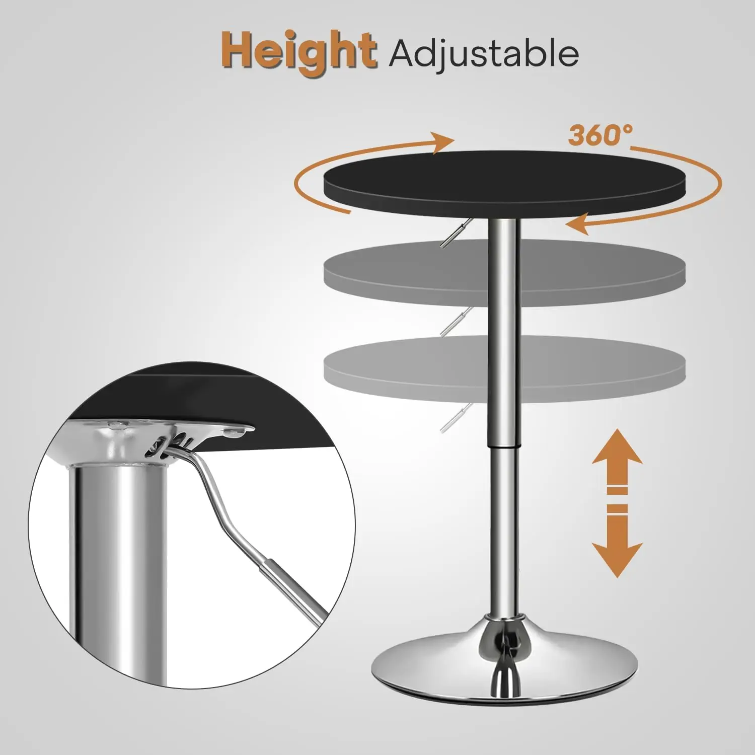 Ajustável em altura e 360 ° giratória Round Bar Table, Pub Table, Cocktail Table, High Bar Table com Metal Pole e Base, 23,5"
