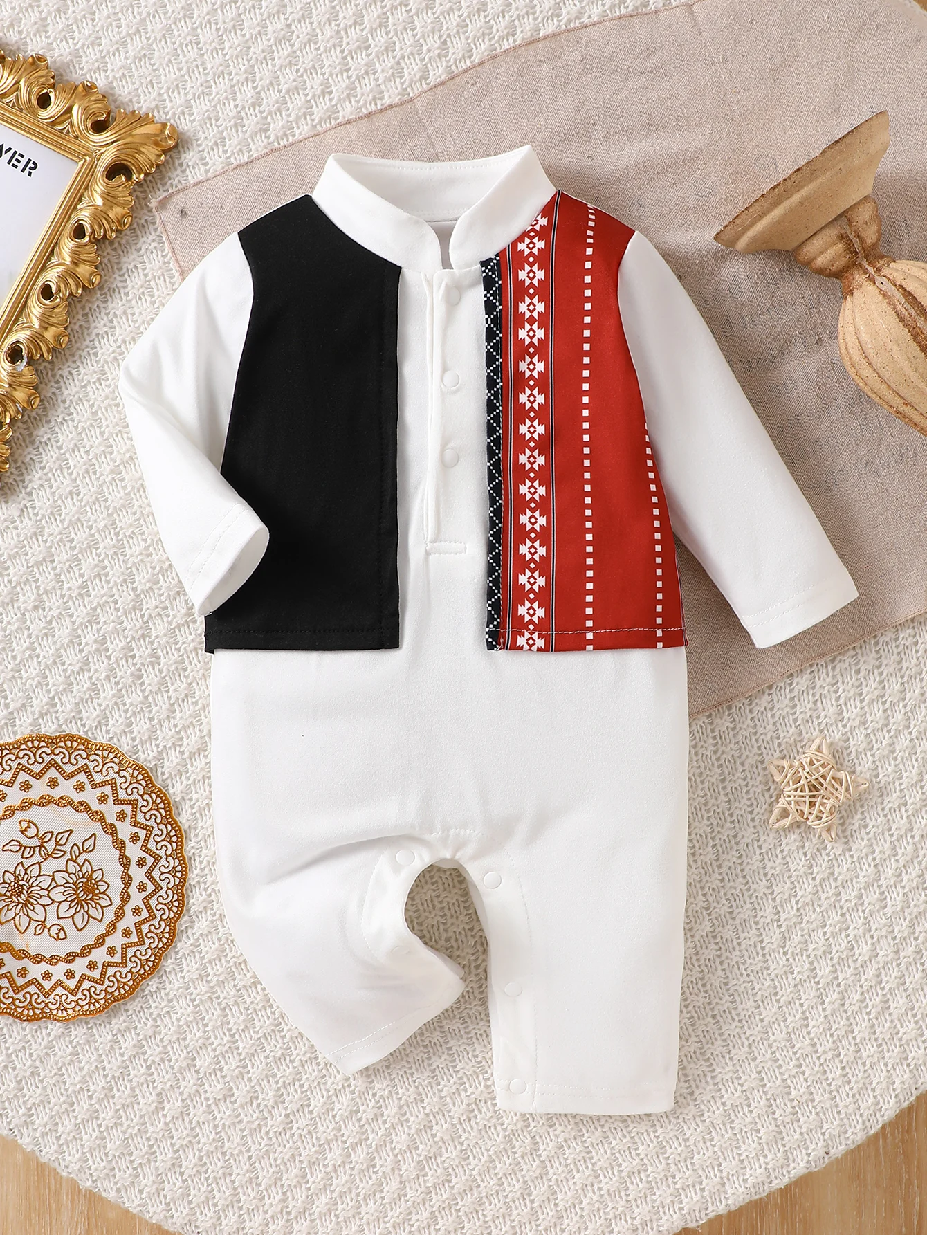 IURNXB Baby Romper Onepiece Newborn Long Sleeve Ethnic Print Faux Vest Jumpsuit Infant Bodysuit Casual Outfit Clothes Boys 1-18M