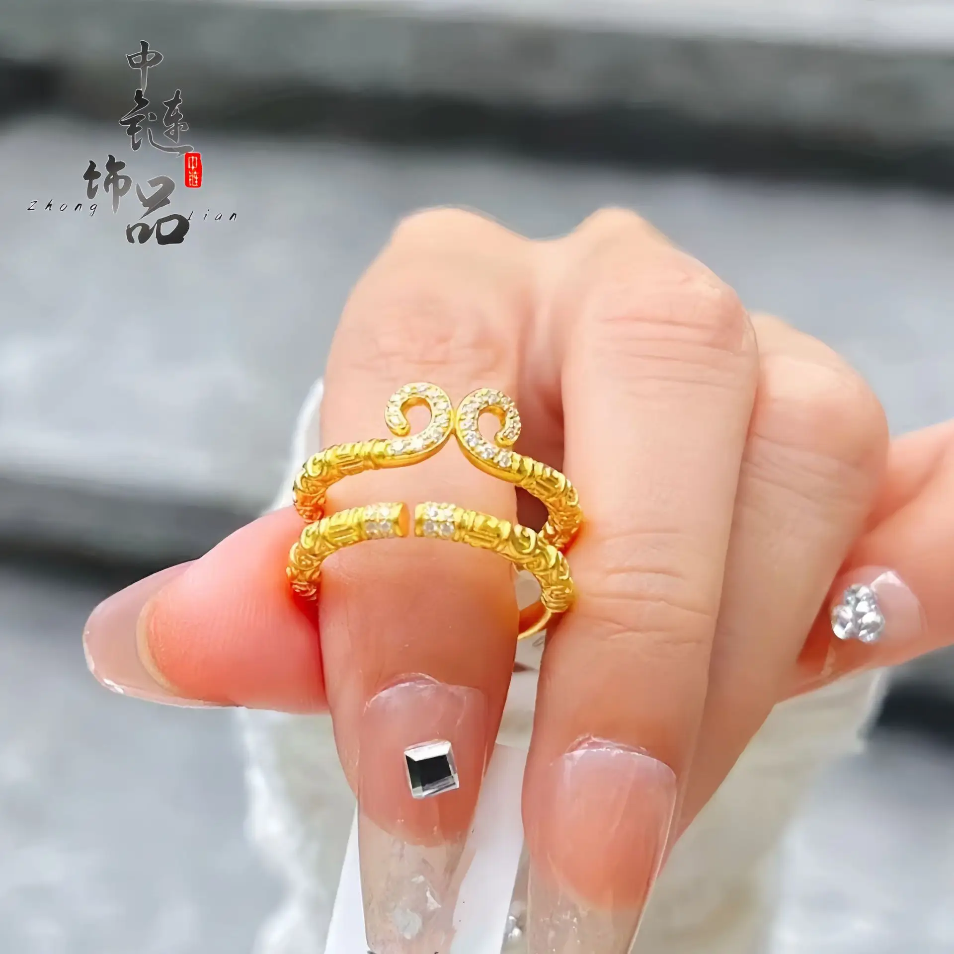 9999 gold micro-set tight binding charm ring, traditional Chinese style golden staff open finger ring, couple's matching