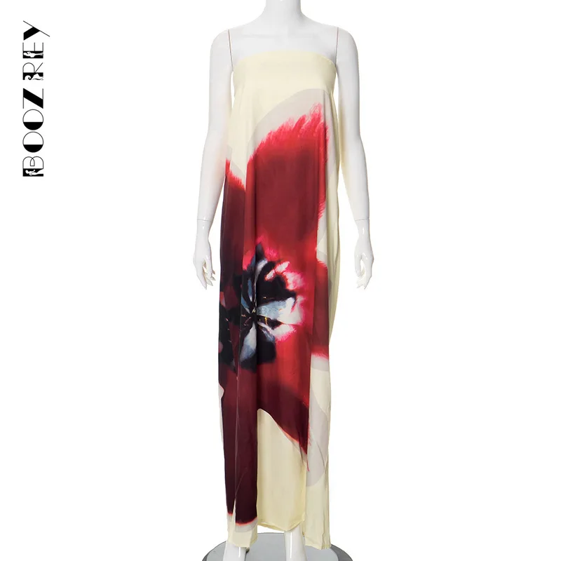 BoozRey 2024 New Clashing Colours Printing Sleeveless Loose Dresses Slash Neck Pullover Strapless Sexy Maxi for Women Clothing