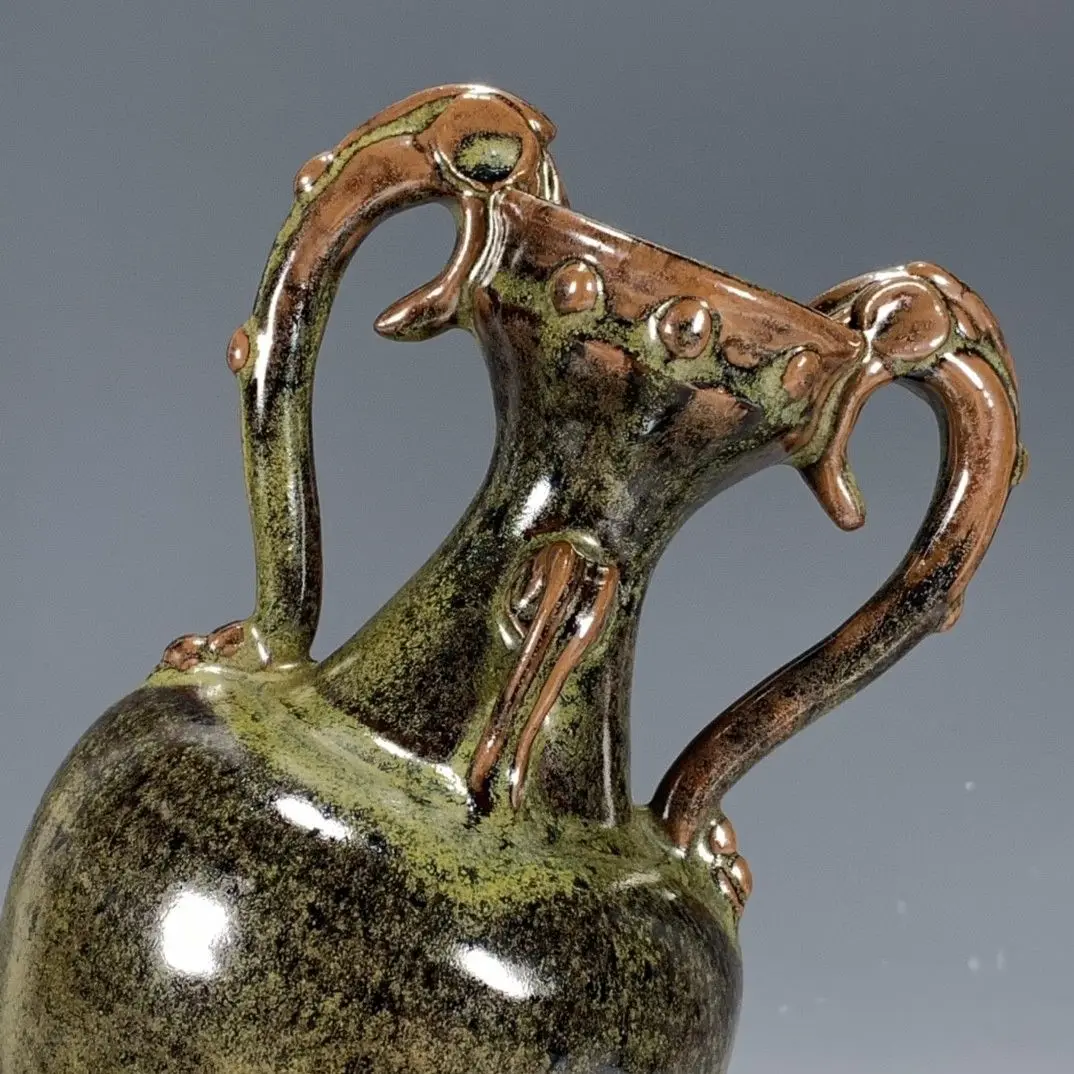 Chinese  Porcelain Qing Dynasty Tea-Leaf Glaze Double-Eared Bottle Collection Antique Old Porcelain