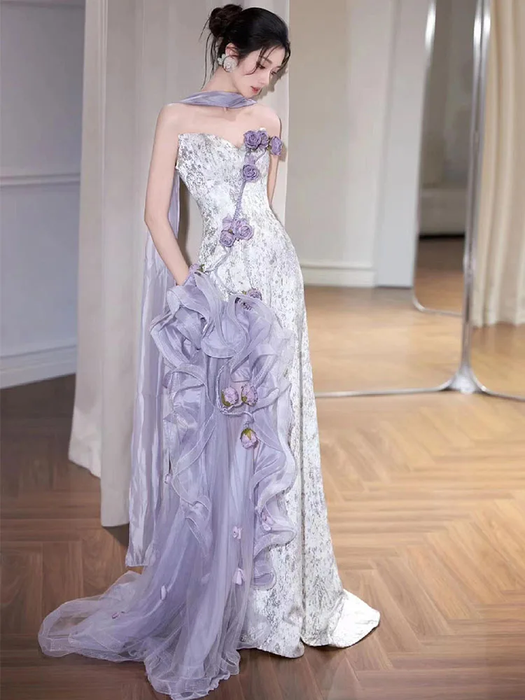

Фиолетовое вечернее платье без бретелек для женщин, для свадьбы, вечеринки, с цветочным декором ручной работы, с завышенной талией, облегающее, длинное