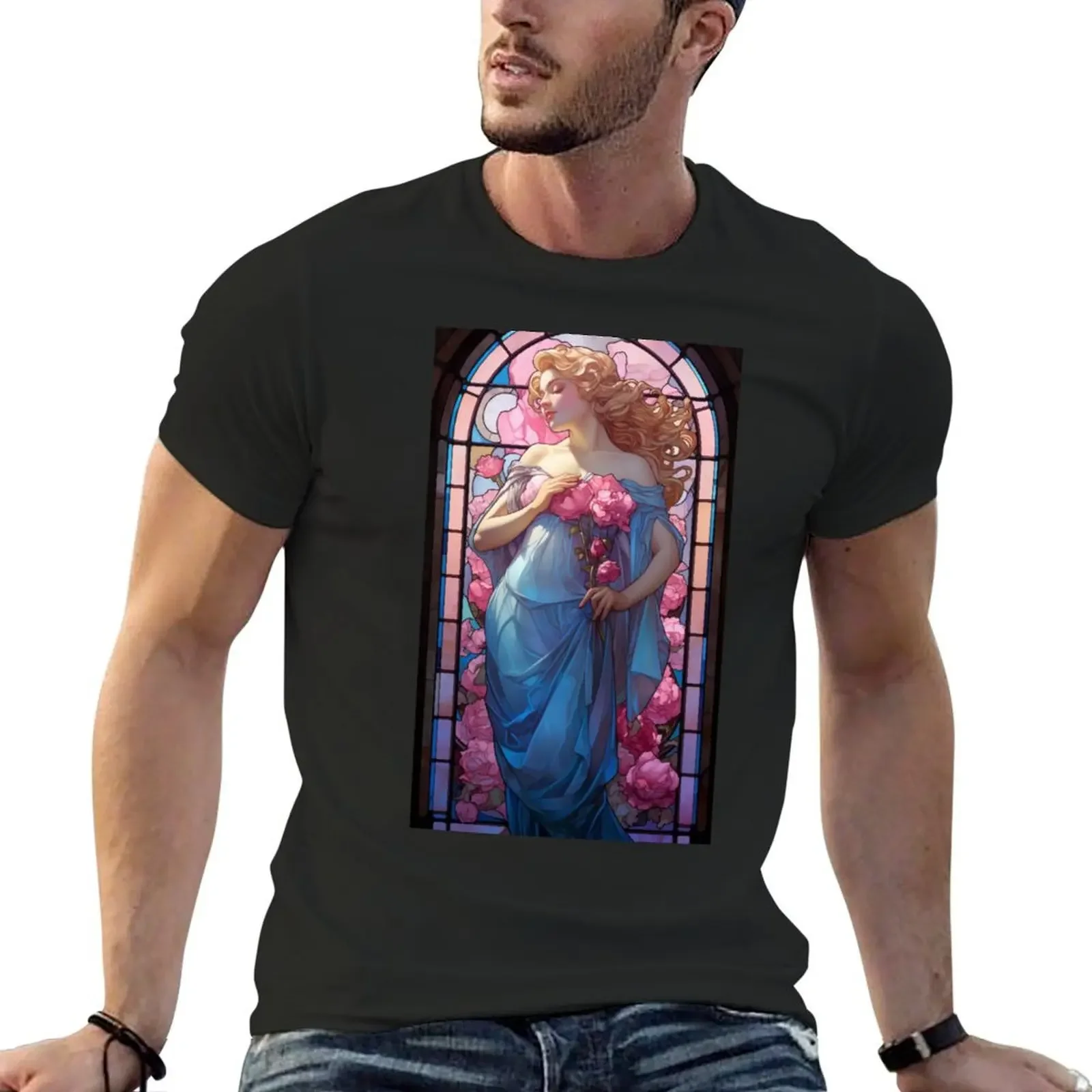 Aphrodite - Stained Glass - Mucha T-Shirt anime t shirts designer shirts workout shirts for men