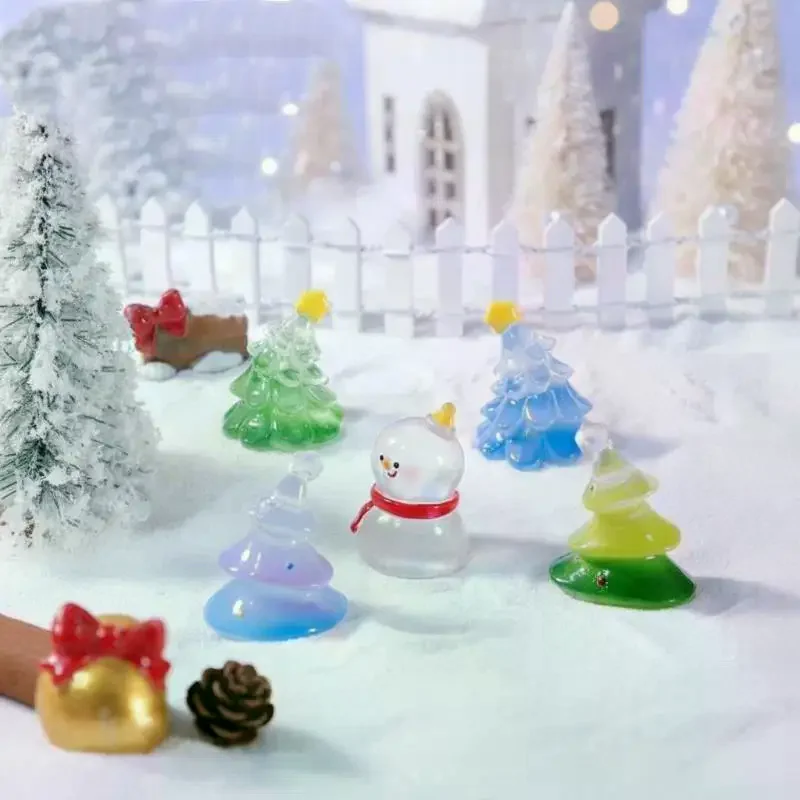 Translucent Cute Mini Christmas Snowman Tree Figurines Glossy Finish for Xmas Wreath Decor Holiday Party Small Gift